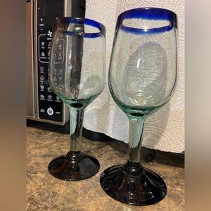 Mexican Handblown Blue Rim Green Glass Wine/Water Goblets - Set of 2